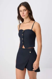 TRENDYOLMİLLA NAVY BLUE Cotton Hanging Blouse Mini Shorts Skirt Weaving Bottom&Top Bottom - Top Set - Image 2