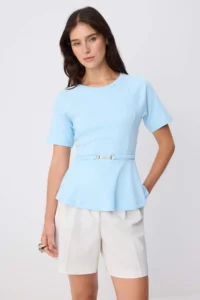 TRENDYOLMİLLA Light BLUE Plain peplum Crew Neck Short Accessory Detailed interlock Knitting Blouse