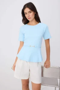 TRENDYOLMİLLA Light BLUE Plain peplum Crew Neck Short Accessory Detailed interlock Knitting Blouse - Image 2