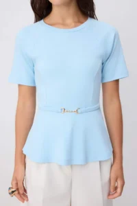 TRENDYOLMİLLA Light BLUE Plain peplum Crew Neck Short Accessory Detailed interlock Knitting Blouse - Image 3