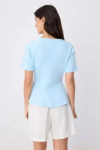 TRENDYOLMİLLA Light BLUE Plain peplum Crew Neck Short Accessory Detailed interlock Knitting Blouse - Image 4