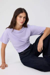 TRENDYOLMİLLA Lilac Plain Fitted Asymmetric Collar Drop Sleeve Short Shirred Crop Cotton Flexible Knitting Blouse