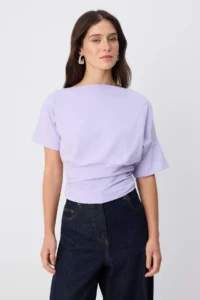 TRENDYOLMİLLA Lilac Plain Fitted Asymmetric Collar Drop Sleeve Short Shirred Crop Cotton Flexible Knitting Blouse - Image 2