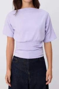 TRENDYOLMİLLA Lilac Plain Fitted Asymmetric Collar Drop Sleeve Short Shirred Crop Cotton Flexible Knitting Blouse - Image 3