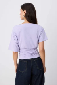 TRENDYOLMİLLA Lilac Plain Fitted Asymmetric Collar Drop Sleeve Short Shirred Crop Cotton Flexible Knitting Blouse - Image 4