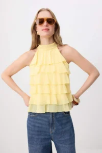 TRENDYOLMİLLA Yellow Regular/Normal Pattern Halter Neck Sleeveless Frilly Tulle Knitting Blouse