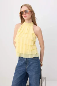 TRENDYOLMİLLA Yellow Regular/Normal Pattern Halter Neck Sleeveless Frilly Tulle Knitting Blouse - Image 2