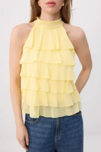 TRENDYOLMİLLA Yellow Regular/Normal Pattern Halter Neck Sleeveless Frilly Tulle Knitting Blouse - Image 3