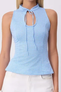 TRENDYOLMİLLA Light BLUE Checkered Fitted Keyhole Collar Sleeveless Binding Detailed textured Knitting Blouse - Image 3
