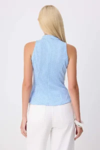 TRENDYOLMİLLA Light BLUE Checkered Fitted Keyhole Collar Sleeveless Binding Detailed textured Knitting Blouse - Image 4