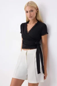 TRENDYOLMİLLA Black Plain Fitted Double breasted Standard Sleeve Short Lace Detailed Knitting Blouse