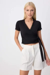 TRENDYOLMİLLA Black Plain Fitted Double breasted Standard Sleeve Short Lace Detailed Knitting Blouse - Image 2