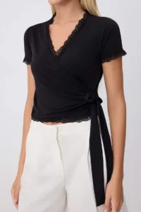 TRENDYOLMİLLA Black Plain Fitted Double breasted Standard Sleeve Short Lace Detailed Knitting Blouse - Image 3