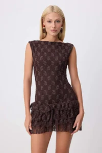 TRENDYOLMİLLA Brown Plain skater Boat Neck with flywheel/Frilly Mini Lace Lined Knitting Dress - Image 2