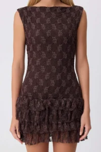 TRENDYOLMİLLA Brown Plain skater Boat Neck with flywheel/Frilly Mini Lace Lined Knitting Dress - Image 3