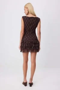 TRENDYOLMİLLA Brown Plain skater Boat Neck with flywheel/Frilly Mini Lace Lined Knitting Dress - Image 4