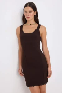 TRENDYOLMİLLA Brown Striped bodycon Cowl Neck Lace Detailed Mini interlock Knitting Dress - Image 2