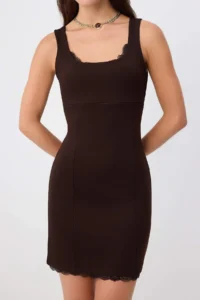 TRENDYOLMİLLA Brown Striped bodycon Cowl Neck Lace Detailed Mini interlock Knitting Dress - Image 3