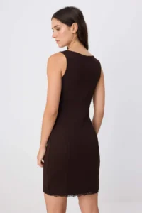 TRENDYOLMİLLA Brown Striped bodycon Cowl Neck Lace Detailed Mini interlock Knitting Dress - Image 4
