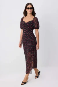 TRENDYOLMİLLA Black-Multicolored Floral Heart Collar shift/Plain Cut Maxi Weaving Siphon Dress