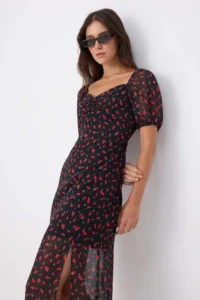 TRENDYOLMİLLA Black-Multicolored Floral Heart Collar shift/Plain Cut Maxi Weaving Siphon Dress - Image 2