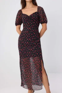TRENDYOLMİLLA Black-Multicolored Floral Heart Collar shift/Plain Cut Maxi Weaving Siphon Dress - Image 3
