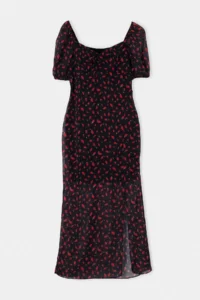 TRENDYOLMİLLA Black-Multicolored Floral Heart Collar shift/Plain Cut Maxi Weaving Siphon Dress - Image 5