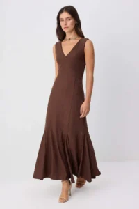 TRENDYOLMİLLA Brown Plain A-line V-neck Thick Sleeveless Sleeveless Maxi Jacquard Lined Knitting Dress - Image 2