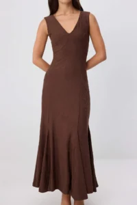 TRENDYOLMİLLA Brown Plain A-line V-neck Thick Sleeveless Sleeveless Maxi Jacquard Lined Knitting Dress - Image 3