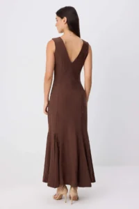 TRENDYOLMİLLA Brown Plain A-line V-neck Thick Sleeveless Sleeveless Maxi Jacquard Lined Knitting Dress - Image 4