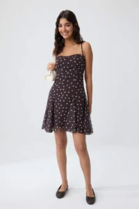 TRENDYOLMİLLA Brown Puantiye Patterned Halter Neck A-Cut/Life Form Short / Mini Weaving Siphon Dress