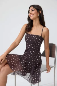 TRENDYOLMİLLA Brown Puantiye Patterned Halter Neck A-Cut/Life Form Short / Mini Weaving Siphon Dress - Image 2