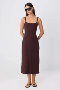 TRENDYOLMİLLA Brown Plain bodycon Cowl Neck Thin Sleeveless Sleeveless Midi Flexible Lined Knitting Dress - Image 2