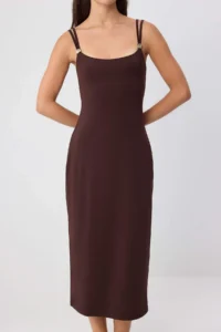 TRENDYOLMİLLA Brown Plain bodycon Cowl Neck Thin Sleeveless Sleeveless Midi Flexible Lined Knitting Dress - Image 3