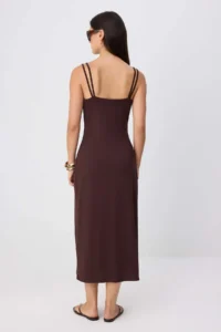 TRENDYOLMİLLA Brown Plain bodycon Cowl Neck Thin Sleeveless Sleeveless Midi Flexible Lined Knitting Dress - Image 4