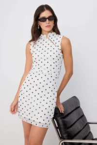 TRENDYOLMİLLA Ecru Polka Dot bodycon High Neck Sleeveless Mini Tulle Lined Knitting Dress