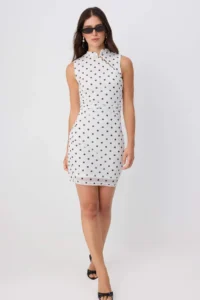 TRENDYOLMİLLA Ecru Polka Dot bodycon High Neck Sleeveless Mini Tulle Lined Knitting Dress - Image 2