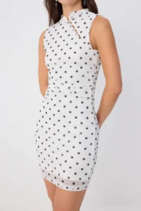 TRENDYOLMİLLA Ecru Polka Dot bodycon High Neck Sleeveless Mini Tulle Lined Knitting Dress - Image 3