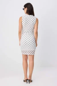 TRENDYOLMİLLA Ecru Polka Dot bodycon High Neck Sleeveless Mini Tulle Lined Knitting Dress - Image 4