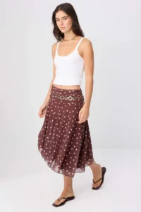TRENDYOLMİLLA Brown Polka Dot skater Shirred Asymmetric Regular Waist Midi Tulle Knitting Skirt - Image 2