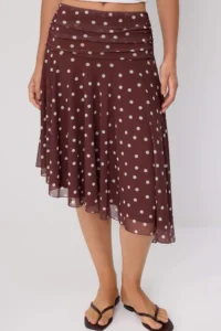 TRENDYOLMİLLA Brown Polka Dot skater Shirred Asymmetric Regular Waist Midi Tulle Knitting Skirt - Image 3