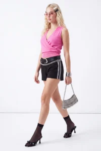 TRENDYOLMİLLA Black Plain Ribbon Detailed Regular Waist interlock Knitting Shorts & Bermuda - Image 3