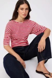 TRENDYOLMİLLA Red*001 Striped Fitted Crew Neck Three Quarter Sleeve Soft Knitting T-Shirt
