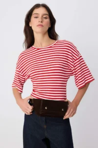 TRENDYOLMİLLA Red*001 Striped Fitted Crew Neck Three Quarter Sleeve Soft Knitting T-Shirt - Image 2