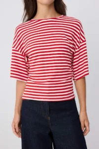 TRENDYOLMİLLA Red*001 Striped Fitted Crew Neck Three Quarter Sleeve Soft Knitting T-Shirt - Image 3