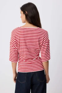 TRENDYOLMİLLA Red*001 Striped Fitted Crew Neck Three Quarter Sleeve Soft Knitting T-Shirt - Image 4