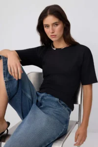 TRENDYOLMİLLA Black Plain Fitted Crew Neck Standard Sleeve Short 100% Cotton Knitting T-Shirt