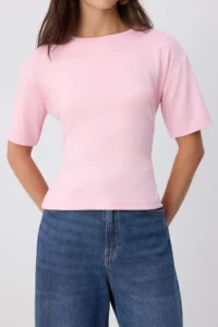 TRENDYOLMİLLA PINK Plain Fitted Crew Neck Standard Sleeve Short 100% Cotton Knitting T-Shirt - Image 3