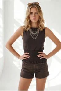 Olalook Women's Brown Waist Gipped Sleeveless Cotton Blouse BLZ- - Image 3