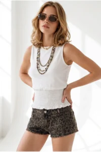 Olalook Women's White Waist Gipped Sleeveless Cotton Blouse BLZ- - Image 3